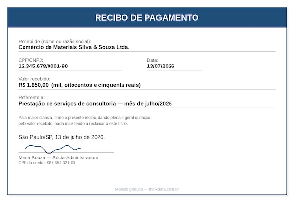 modelo de recibo de pagamento preenchido