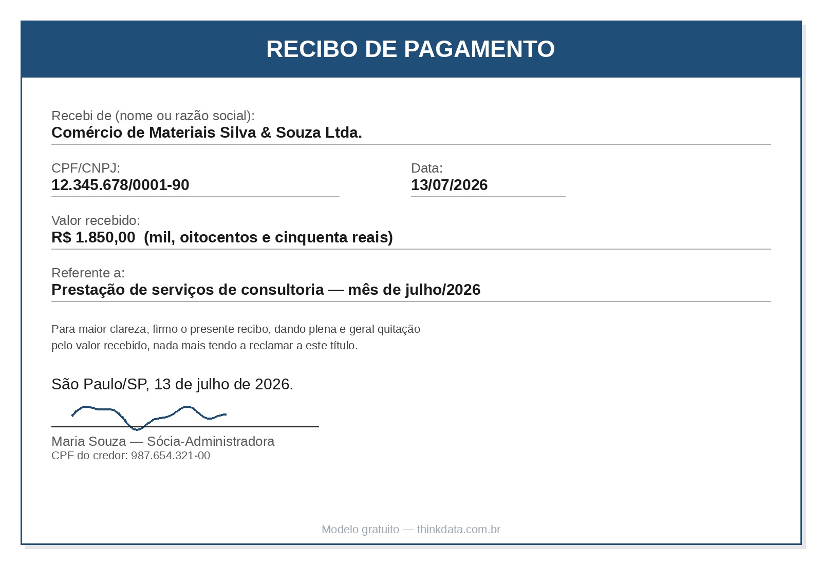 modelo de recibo de pagamento preenchido